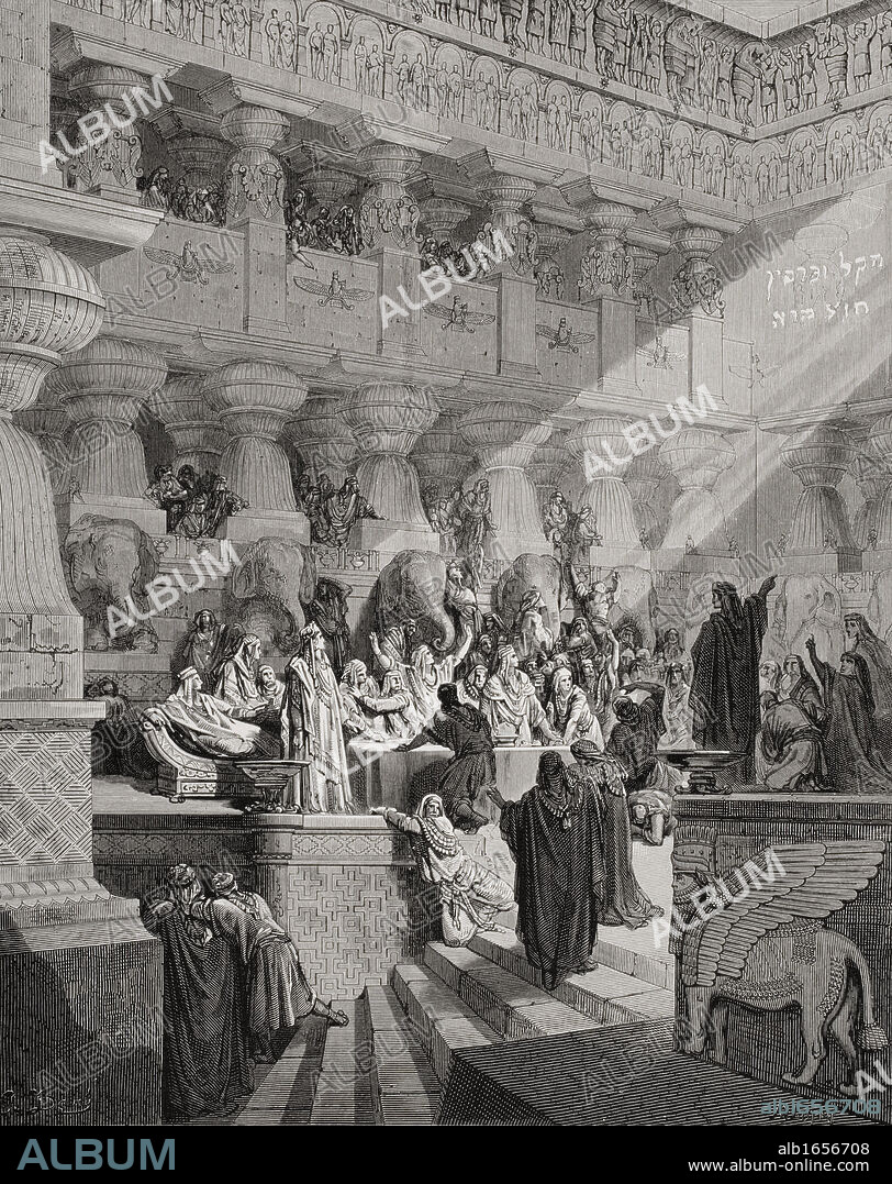 Engraving illustrating Daniel v 25 to 28 of Daniel Interpreting the Writing on the Wall from the Dore Bible by Gustave Dore 1832-1883 French artist and illustrator.