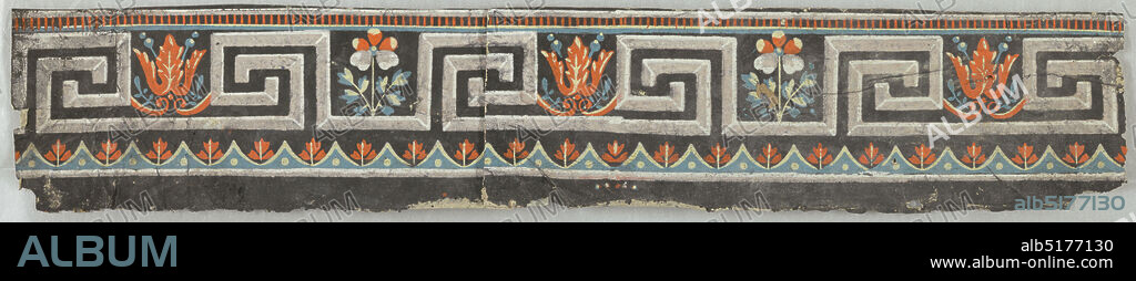 Border, Block printed on handmade paper, Band of Greek key motif interspersed with stylized floral motifs. Printed in black, white, green and orange., France, 17951815, Wallcoverings, Border.