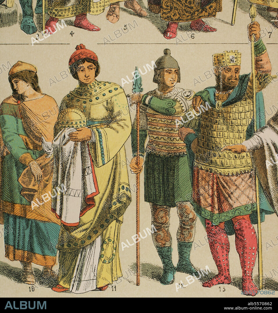 Byzantines (700-1000). From left to right, 10: Working clothes. Cap, 11: Main person's female costume, 12: More modern warrior outfit, 13: Chief warrior or king outfit. Chromolithography. "Historia Universal," (Universal History) by César Cantú. Volume IV. Published in Barcelona, 1881.