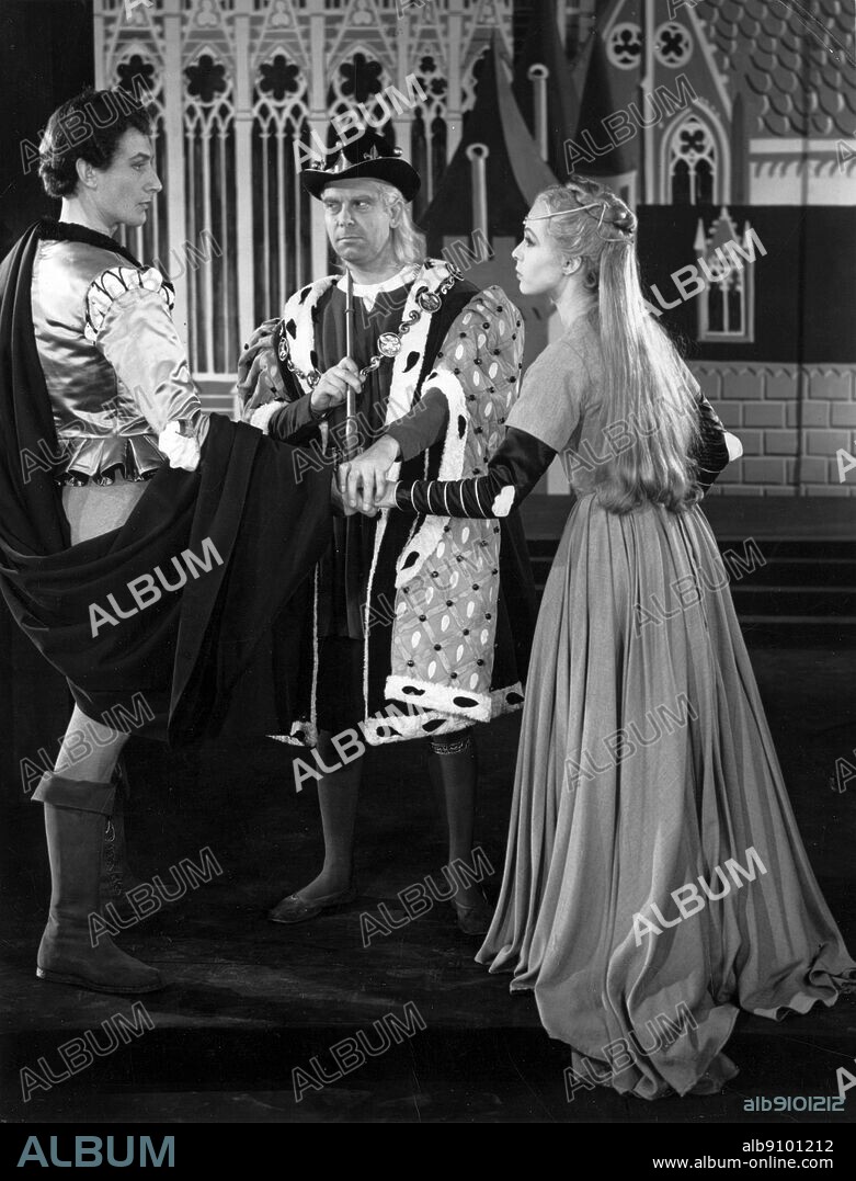 Scene from Alls Well That Ends Well. John Neville as Bertram, Lawrence Hardy as the King of France, and Claire Bloom as Helena. Old Vic season 1953-4.