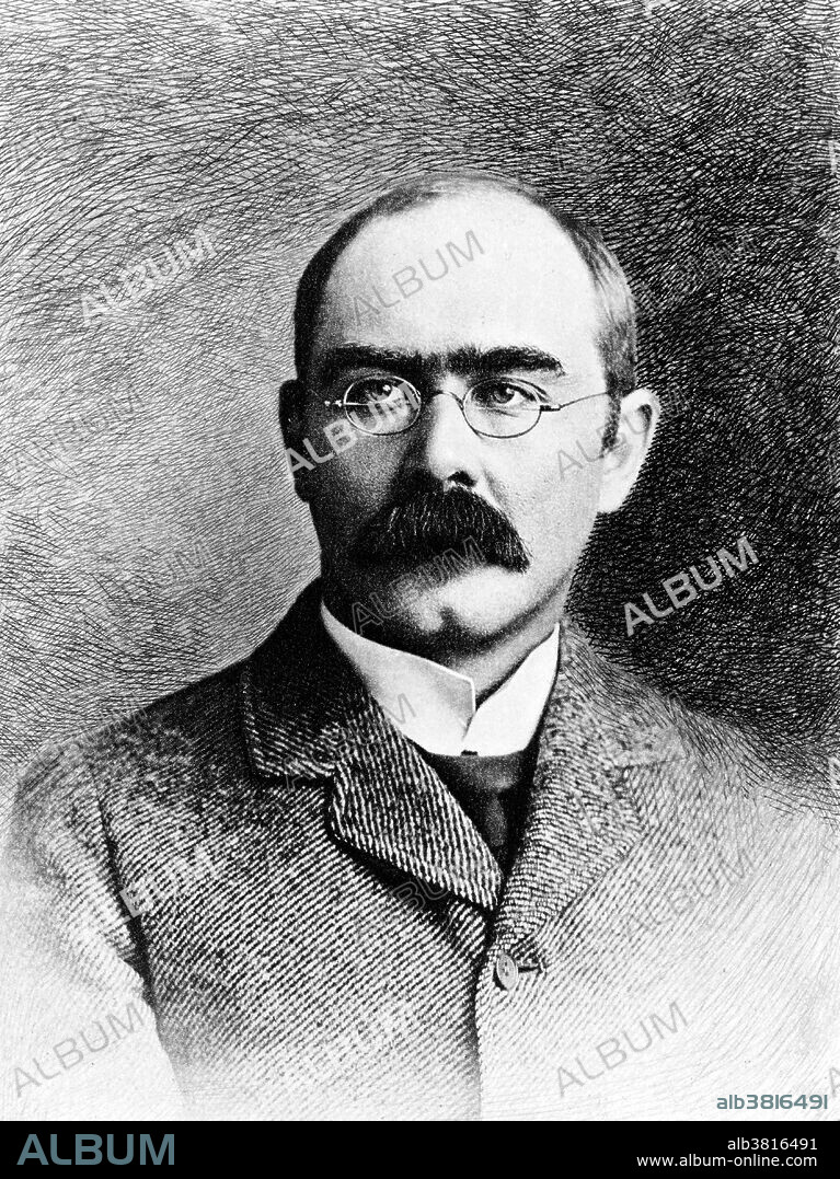 Joseph Rudyard Kipling (December 30 1865 - January 18, 1936) was an English short-story writer, poet, and novelist. He wrote tales and poems of British soldiers in India and stories for children. He was born in Bombay, in the Bombay Presidency of British India, and was taken by his family to England when he was five years old. Kipling is regarded as a major innovator in the art of the short story; his children's books are classics of children's literature. He was one of the most popular writers in England, in both prose and verse, in the late 19th and early 20th centuries. In 1907, he was awarded the Nobel Prize in Literature, making him the first English-language writer to receive the prize, and its youngest recipient to date. He kept writing until the early 1930s, but at a slower pace and with much less success than before. Less than one year before his death Kipling gave a speech (titled "An Undefended Island") to The Royal Society of St George on May 6, 1935 warning of the danger which Nazi Germany posed to Britain. On the night of January 12,1936, Kipling suffered a hemorrhage in his small intestine. He underwent surgery, but died less than a week later at the age of 70 of a perforated duodenal ulcer. Kipling is best remembered for his works of fiction: The Jungle Book, Just So Stories and Kim and his short story "The Man Who Would Be King". No artist credited, dated  1897.