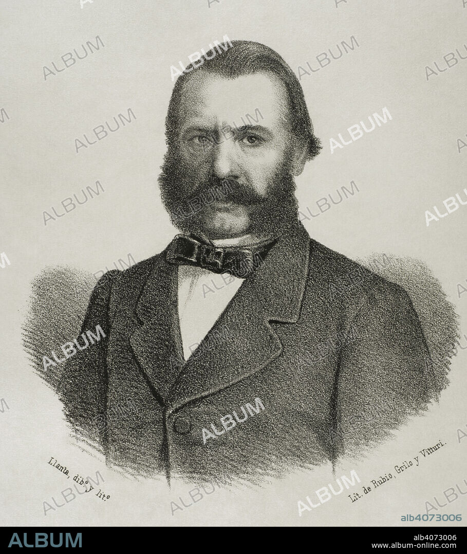 Antonio de los Ríos Rosas (Antonio Sánchez del Río y López de la Rosa) (1812-1873). Jurista y político español. Presidente del Congreso de los Diputados durante las legislaturas de 1863-1864, 1865-1866 y 1872. Retrato. Dibujo por Llanta. Litografía. Crónica General de España, Historia Ilustrada y Descriptiva de sus Provincias. Andalucía, 1869.