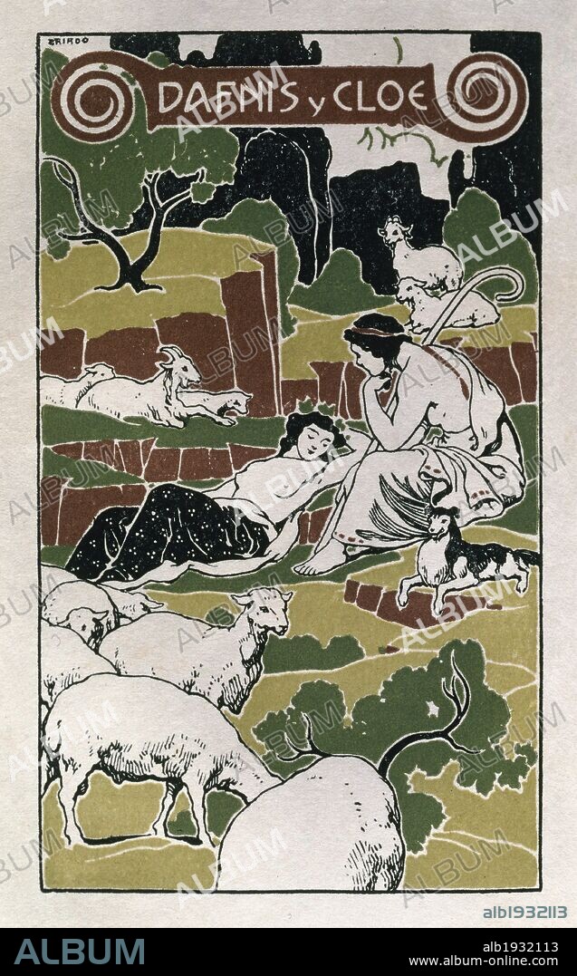 LITERATURA GRIEGA. SIGLO III LONGO (lóggos). Escritor y novelista griego. "DAFNIS Y CLOE". Dibujo de J. Triadó (1906). Biblioteca de Cataluña. Barcelona.