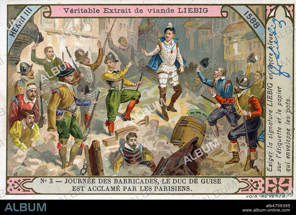 'Journee des barricades, le Duc de Guise est acclame par les parisiens'. Chromo publicitaire Liebig vers 1910. Illustration anonyme. Credit : Collection KHARBINE-TAPABOR.