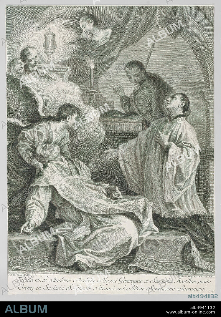 Joseph Wagner, The Death of Saint Andrea Avellino in the presence of Saint Aloysius Gonzaga and Saint Stanislaus Kostka, Joseph Wagner (Italian, Thalendorf 17061780 Venice), After Giambettino Cignaroli (Italian, 17061770), Saint Aloysius Gonzaga (Italian, Castiglione 15681591 Rome), Saint Andrea Avellino (Italian, Castronuovo 15211608), Saint Stanislaus Kostka (Polish, Rostkowo 15501568 Rome), 172580, Etching and engraving, Sheet (Trimmed): 16 1/4 × 11 5/8 in. (41.2 × 29.6 cm), Prints.