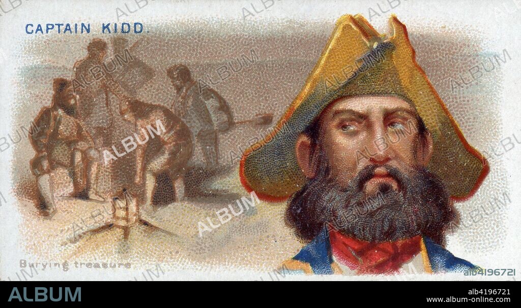 Cigarette Card Captain Kidd, Burying Treasure, from the Pirates of the Spanish Main series (N19), pub. 1888 (colour lithograph). Captain William Kidd (1645 - 1701).