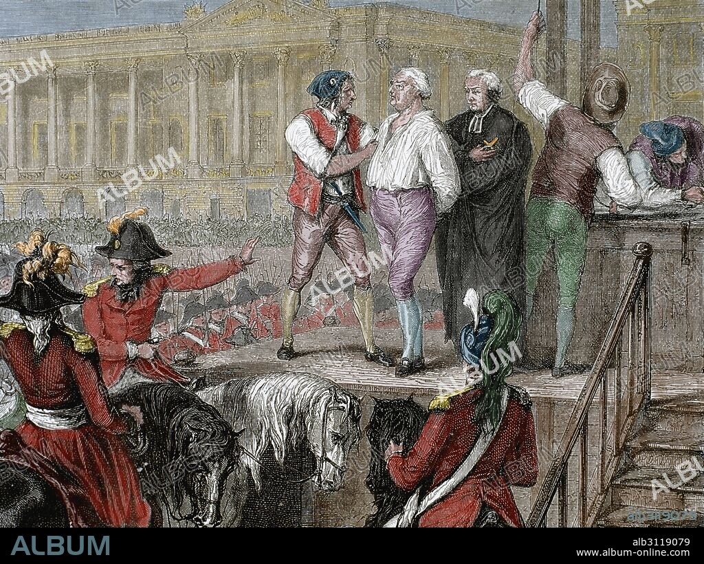 REVOLUCION FRANCESA. EJECUCION DEL REY LUIS XVI (1754-1793). El 21 de enero de 1793, tras un largo proceso que duró desde el mes de noviembre de 1792 a enero de 1793 Su intento de fuga, la protección que daba a los emigrados y sus negociaciones con el extranjero fueron causa de su detención en el Temple. Grabado coloreado.