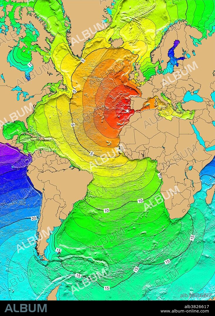 November 1, 1755 Lisbon, Portugal. A large earthquake, Modified Mercalli Intensity XI, in Lisbon, Portugal, caused damage to north of Granada, Spain. The earthquake generated a tsunami that affected the coasts of Portugal, Spain, North Africa, and the Caribbean. The tsunami reached Lisbon about 20 minutes after the first destructive shock. It rose to about 6 meters at many points along the Portuguese coast and reached 12 meters in some places. It also affected the coast of Morocco where the streets of Safi were flooded. The tsunami reached Antigua about 9.3 hours after the earthquake. Later waves, with estimated run-up heights of 7 meters, were observed at Saba, Netherlands, Antilles. The earthquake and tsunami killed between 60,000 and 100,000 people. Map generated using Tsunami Travel Time (TTT) software: calculates first-arrival travel times on a grid for a tsunami generated at an earthquake epicenter. Map contours: 1 hour intervals: red 1-4 hour arrival times, yellow: 5-6 hour arrival times, green: 7-14 hour arrival times, blue: 15-21 hour arrival times. Maps were generated from earthquake epicenters in the NGDC Global Historical Tsunami Database using NGDC 2 Minute Gridded Global Relief Data bathymetry. Maps do not provide the height or the strength of the wave, only the arrival times.