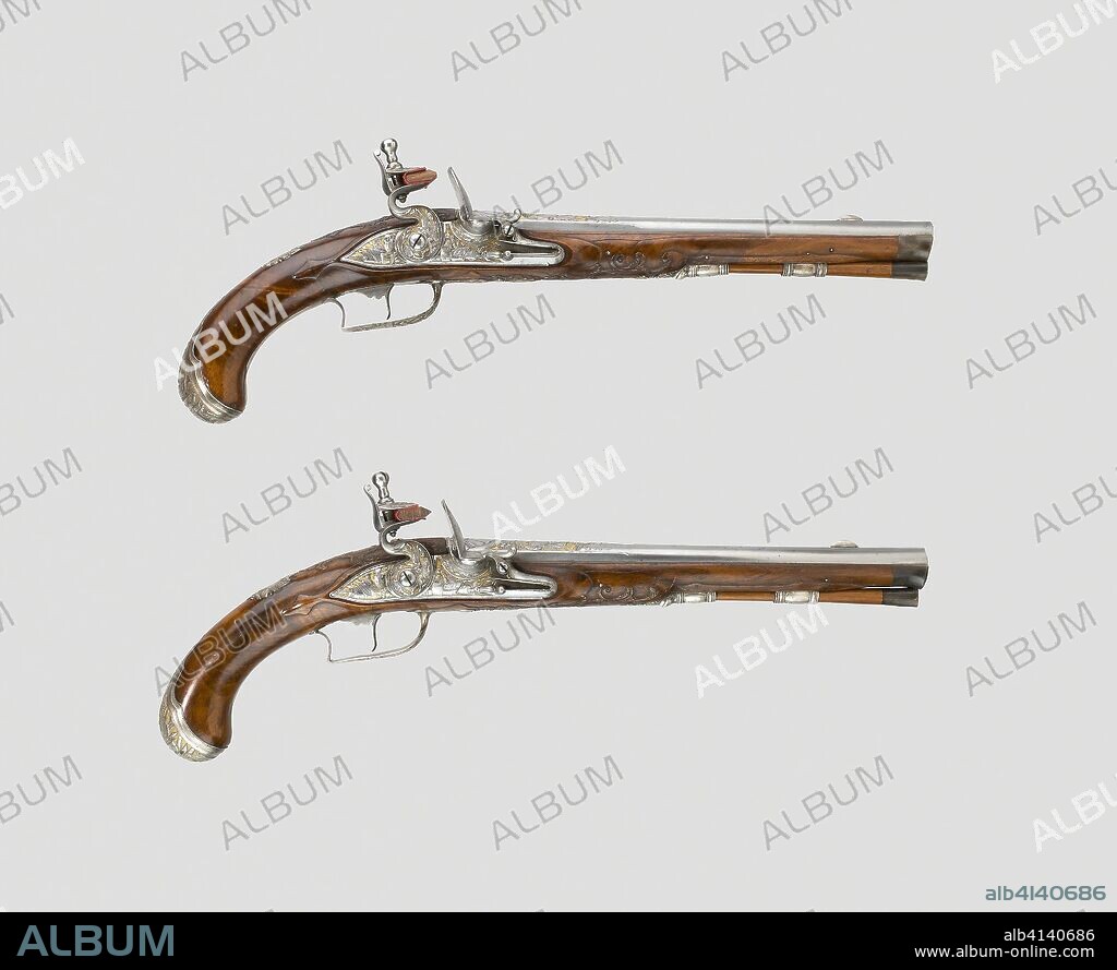 Flintlock Holster Pistol (One of a pair). French. Date: 1715-1725. Dimensions: Overall L.: 43.2 cm (17 in.). Steel, walnut, silver, and gold. Origin: France.