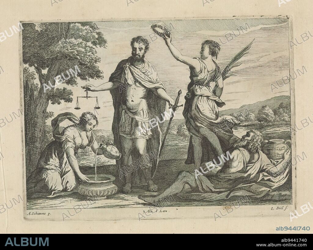 Man with sword and scales, possibly Scipio Africanus Major, On the left, the personified temperance pours water from a pitcher into a bowl. The victory personified crowns the Roman soldier in the center, possibly Scipio Africanus Major. In front is a river god. In the background a hilly landscape. This print is part of an album., print maker: Quirin Boel, (mentioned on object), after painting by: Schiavone, (mentioned on object), publisher: David Teniers (II), print maker: Southern Netherlands, after painting by: Italy, publisher: Brussels, 1660, paper, etching, height 167 mm × width 227 mm.