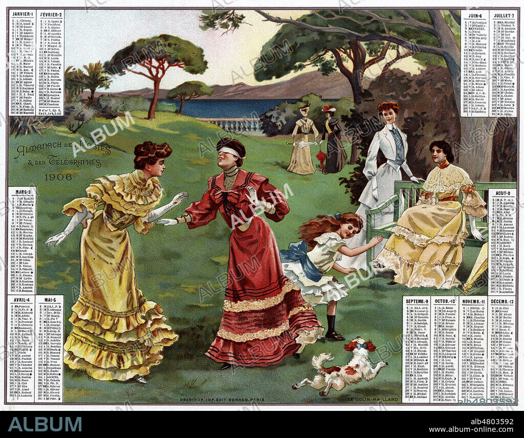 'Le colin-maillard'. Des jeunes-filles jouant au Colin-Maillard. Illustration anonyme pour un calendrier de 1906. Credit : Collection IM/KHARBINE-TAPABOR.