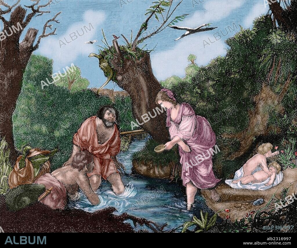 Classical mythology. Leto with his twin sons Apollo and Artemis. Engraving in The Iberian Illustration, 1885, Colored.