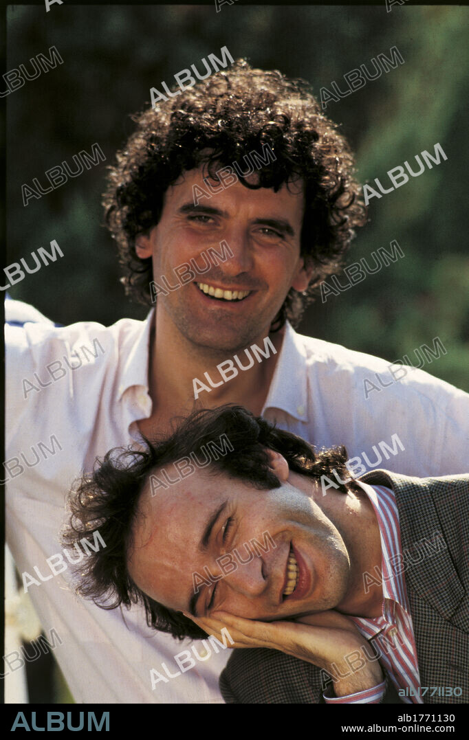 Portrait of Roberto Benigni and Massimo Troisi smiling. Portrait of Italian actors and directors Roberto Benigni and Massimo Troisi smiling. 1984.