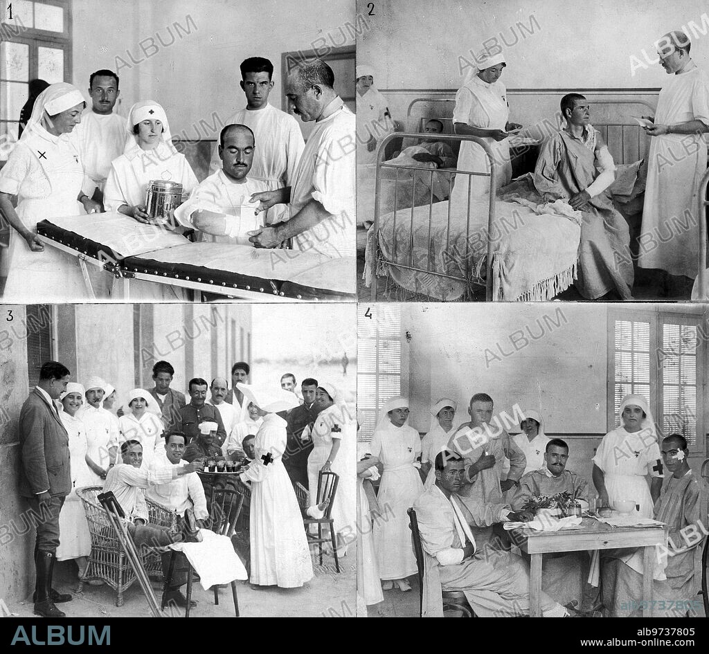 Agosto 1921. Melilla en el hospital de la cruz Roja
la duquesa de la victoria Organizadora del Hospital, Presenciando la cura Practicada por el doctor Herranz al teniente D. Ismael Rios que Padece 26 Heridas de Gumia. 2. Una sala de Soldados en el Hospital. 3. Oficiales Heridos y Damas Enfermeras 4. La comida de los Soldados Servida por Señoritas Enfermeras de la cruz Roja .