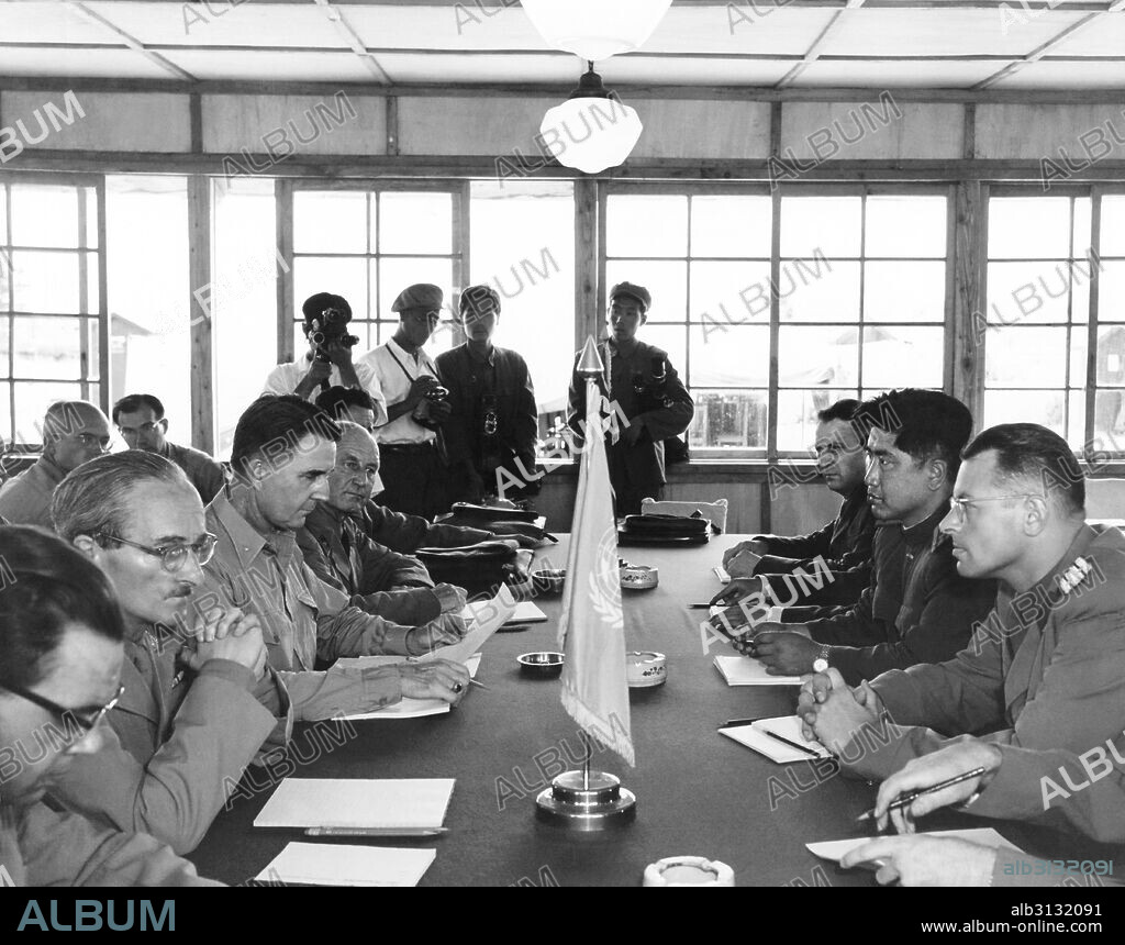 Panmunjom, Korea:  August 1, 1953 Neutral nations staff of Swiss, Swedish, Polish, and Czechoslovakian representatives meet for the first time in the building built for the signing of the Korean Armistice.