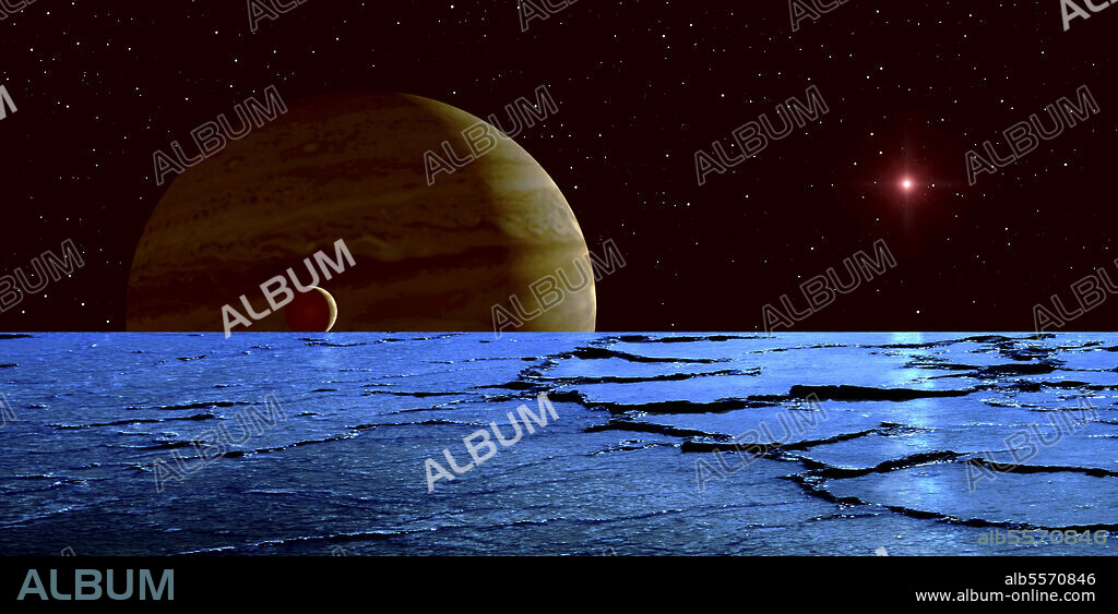 Artist's conception of Jupiter and one of its moons, Io, seen from 10 kilometres above the frozen surface of Europa, another of the giant planet's moons. The sun is seen here as a very bright star, since it is over five times the distance it is from Earth.