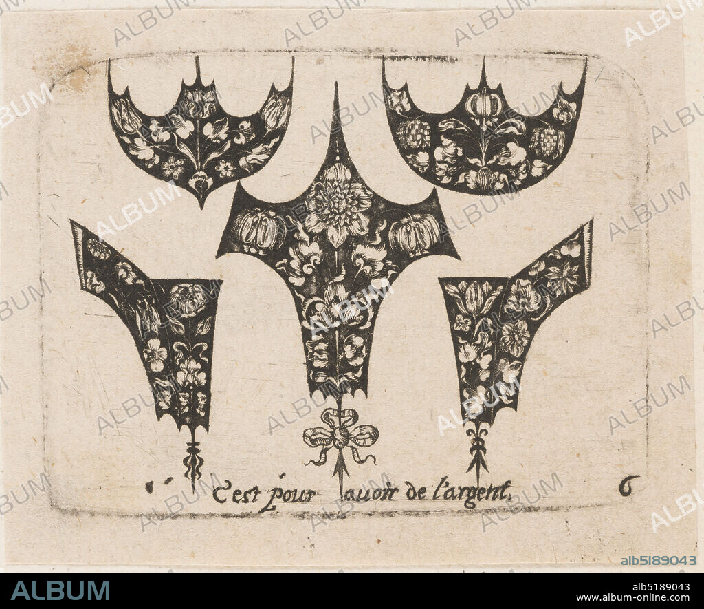 'Five Different Fillets,' Plate 6 from 'Goldsmith Ornament Designs', Heinrich Raab, German, active Nuremberg 1640 1650, Paul Furst, German, ca. 1605 1666, Engraving on off-white laid paper, The group consists of five symetrically arranged black designs for fillets ornamented with floral motifs. Two semi-circular designs ending in severe points at top left and right show white flowers and foliage against a blackground. Central spiked chevron design shows frontally placed flower in full bloom, flanked by two drooping buds around a center stem, in white on black. Beneath, a tri-looped bow above an arrow. At left and right, two small hook shaped designs, also ornamented with flowers complete the group. Inscription below above plate mark., ca. 1648, ornament, Print, Print.