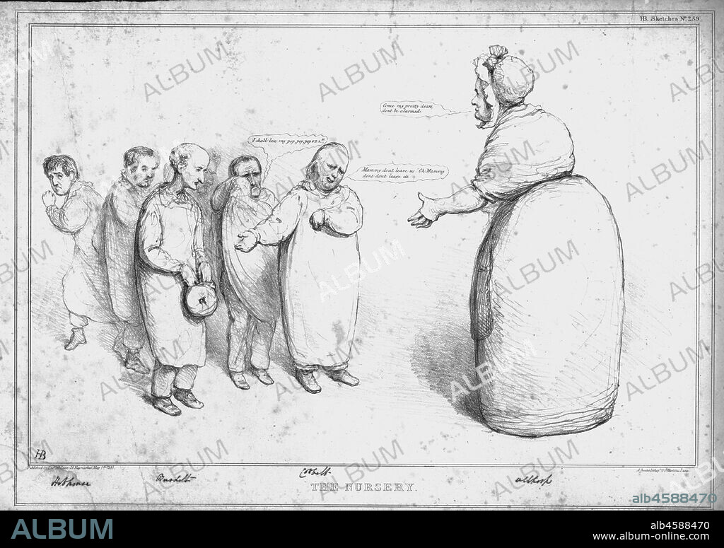 'The Nursery', 1833. John Cam Hobhouse, Baron Broughton de Gyfford;  Sir Francis Burdett; William Cobbett; John Charles Spencer, 3rd Earl Spencer. British politians depicted as crying children. Satirical cartoon by 'H.B.' (John Doyle). [Thomas McLean, London, 1833].