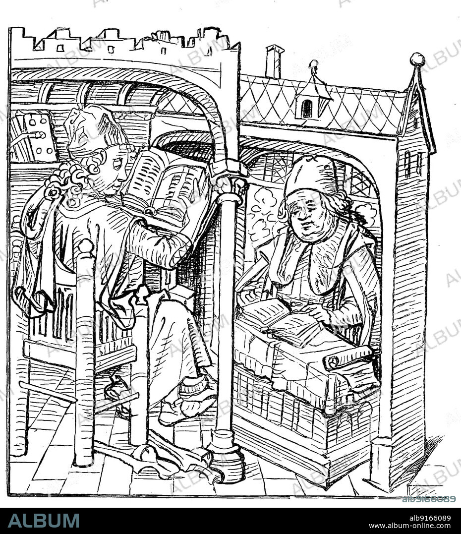 Scholars studying at reading desks, from the medieval house book from the 15th century, Germany. The medieval house book of Wolfegg Castle is an illustrated handwritten compendium after 1480, in which a collector of middle-class or noble origin recorded a thematically unique compilation of practical knowledge, digitally restored reproduction of a 19th century original, exact original date not known