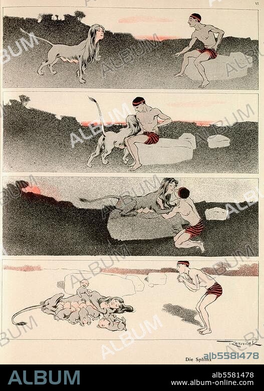 Mythologie / Sphinx. "Le Sphinx". (Caricature du tableau "Sphinx" de Franz von Stuck). Gravure sur bois coul. d'ap. dessin de Ferdinand von Reznicek (1869-1909). In : "Elle". Reznicek-Album, Munich (A.Langen) 1900, n° VI. Berlin, Sammlung Archiv für Kunst und Geschichte.