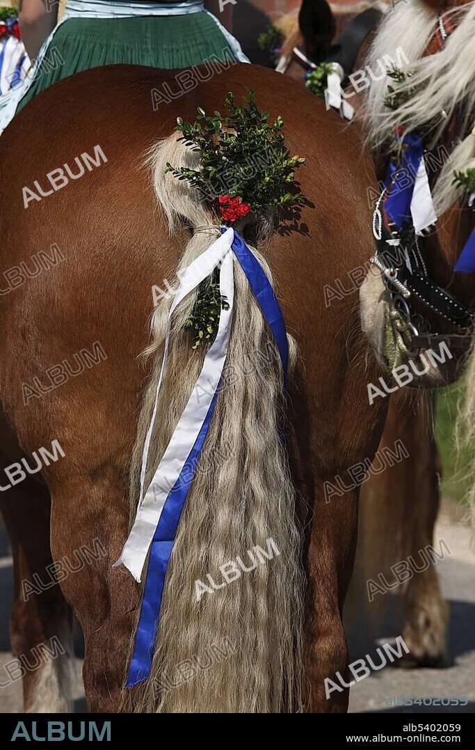 Decorated horse tail, Georgiritt, George's Ride, Easter procession, Traunstein, Chiemgau, Upper Bavaria, Bavaria, Germany, Europe.