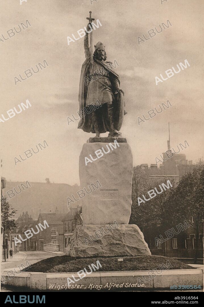 Statue of King Alfred the Great, Winchester, Hampshire, early 20th century(?). The statue, by Hamo Thornycroft, was unveiled in 1899, to commemorate the millenary of Alfred's death. From Winchester. [L Newman, The Square, London, ].