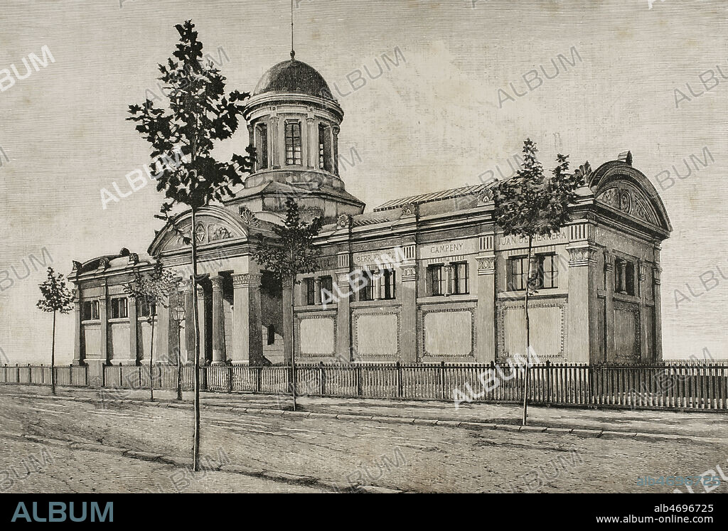 Historia de España. Cataluña. Villanueva y Geltrú (Vilanova i la Geltrú), provincia de Barcelona. Vista del exterior de la Biblioteca Museo Víctor Balaguer. Fundada en 1884 por Víctor Balaguer (1824-1901), en agradecimiento a la ciudad por el apoyo recibido por parte de ésta a lo largo de su carrera política. El edificio fue construido entre 1882 y 1884 por el arquitecto Jeroni Granell i Mundet (1834-1889). Grabado. La ilustración. Revista hispano-americana, 1884.