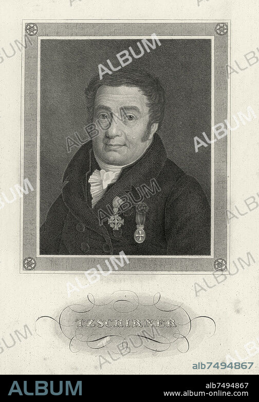 Tzschirner, Heinrich Gottlieb, Protestant theologian (Professor of Theology at the University of Leipzig and pastor at the St. Thomas Church), Mittweida near Leipzig 14.11.1778 - Leipzig 17.2.1828. Portrait. Steel engraving, unmarked and undated, Hildburghausen (Bibliographic Institute). 19 × 13 cm. Berlin, Sammlung Archiv für Kunst und Geschichte.