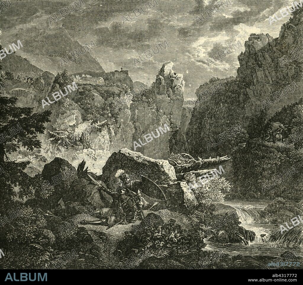 'The Death of Roland at Roncesvalles', (778AD), 1890. The Battle of Roncevaux Pass in 778 was a  Basque ambush of Charlemagne's army which resulted in the death of Roland who became iconic in medieval European folklore as a noble Christian killed by Islamic forces.  From "Cassell's Illustrated Universal History, Vol. III - The Middle Ages", by Edmund Ollier. [Cassell and Company, Limited, London, Paris and Melbourne, 1890. ].