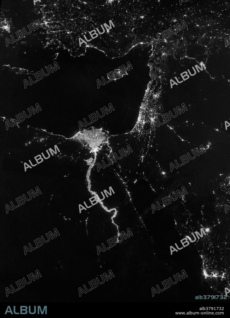 Satellite image of the Nile River delta at night.