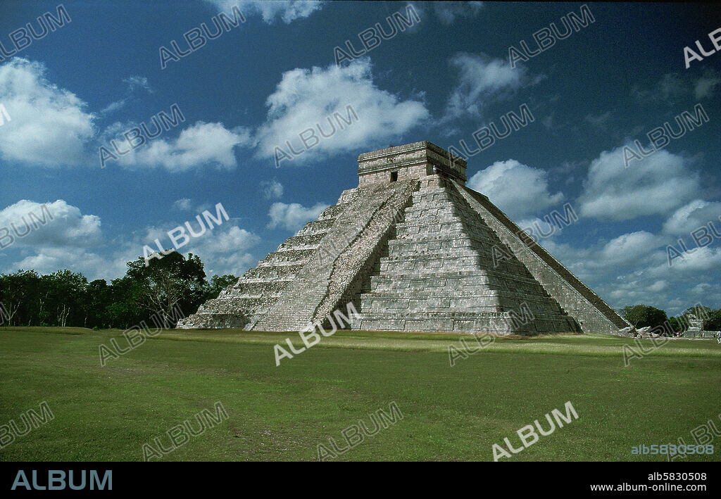 Kukulcan Pyramid, Chichen Itza, Yucatan. Kukulcan is the Maya God of Creation, symbolized by the wind. Chichen Itza was founded by the Maya, but building continued under invading Toltecs after 918. Four stairs lead to the temple on top of the Pyramid. Height 30 m.