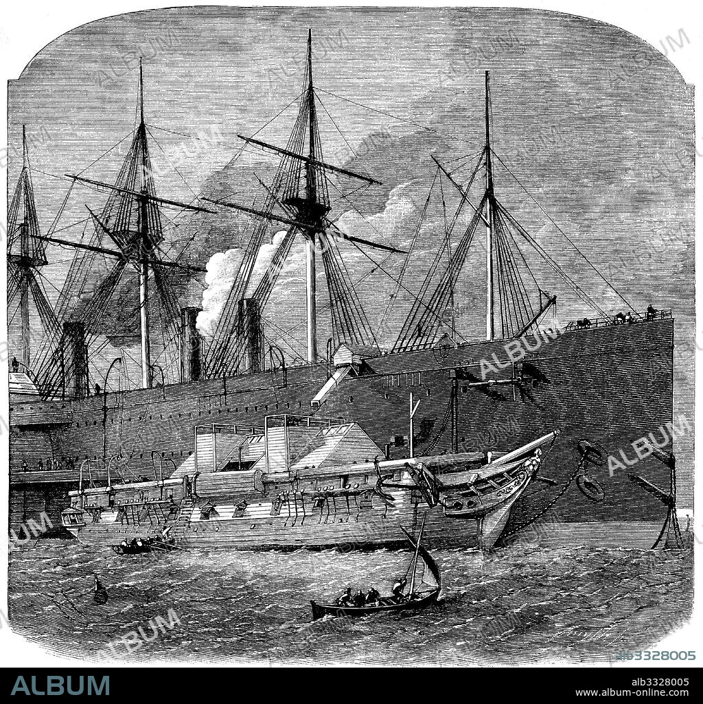 Inglaterra. Siglo XIX. Carga del cable telegráfico transatlántico submarino a bordo del barco Great-Eastern frente a la desembocadura del Támesis para conectar Gran Bretaña y Estados Unidos a través del océano Atlántico. Grabado de 1866.
