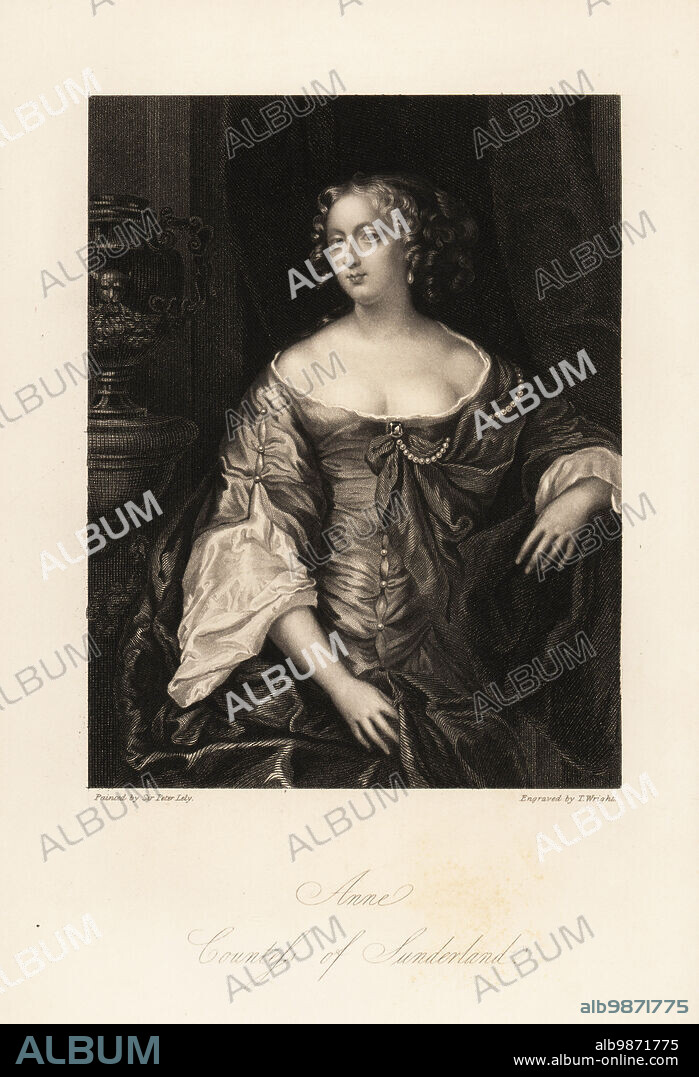 Portrait of Anne Spencer, Countess of Sunderland, one of the Windsor Beauties, formerly Anne Digby, 1646-1715. Steel engraving by Thomas Wright after a portrait by Sir Peter Lely from Mrs Anna Jamesons Memoirs of the Beauties of the Court of King Charles the Second, Henry Coburn, London, 1838.