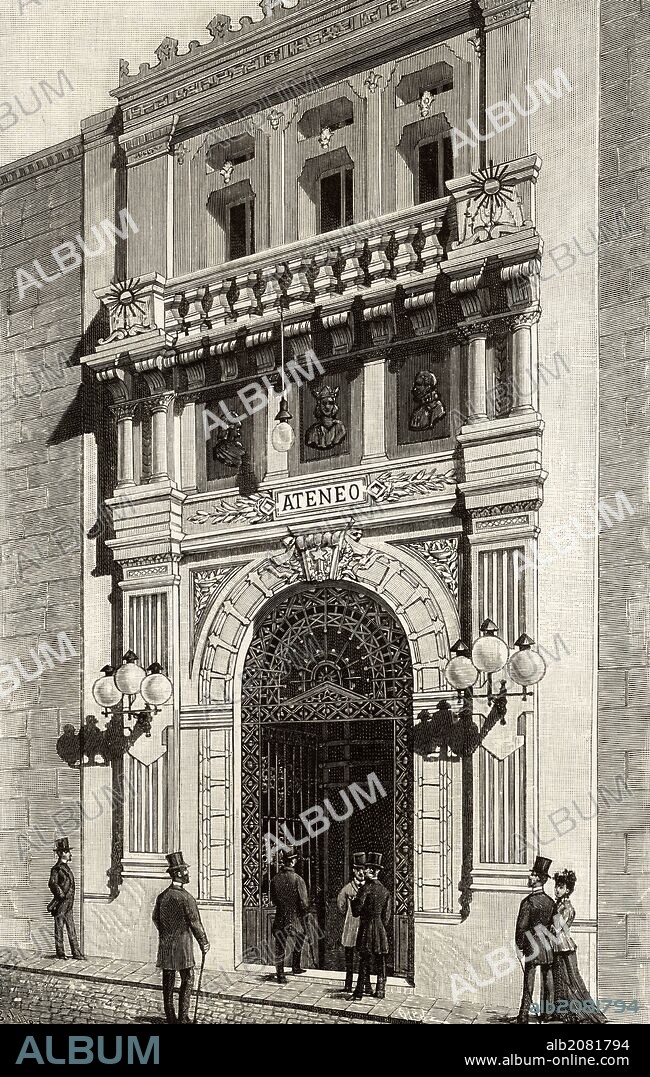 ATENEO CIENTIFICO LITERARIO Y ARTISTICO de MADRID La inauguración del edificio se efectuó el 31 de enero de 1884, bajo la presidencia de los reyes Alfonso XII y María Cristina, y siendo presidida por Antonio Cánovas del Castillo. Grabado de la "Ilustración Española y Americana" Año 1892. España.