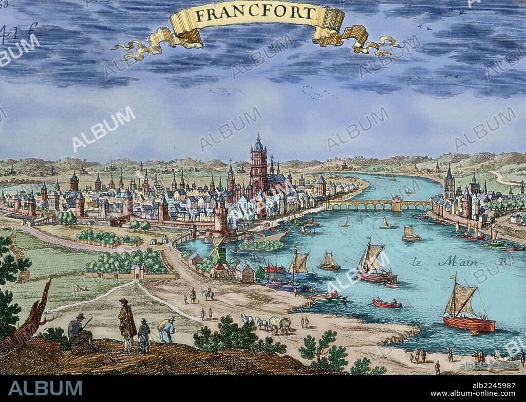 "FRANKFURT DEL MAIN" (ALEMANIA). Vista de la ciudad a orillas del río. Grabado coloreado del siglo XVII.