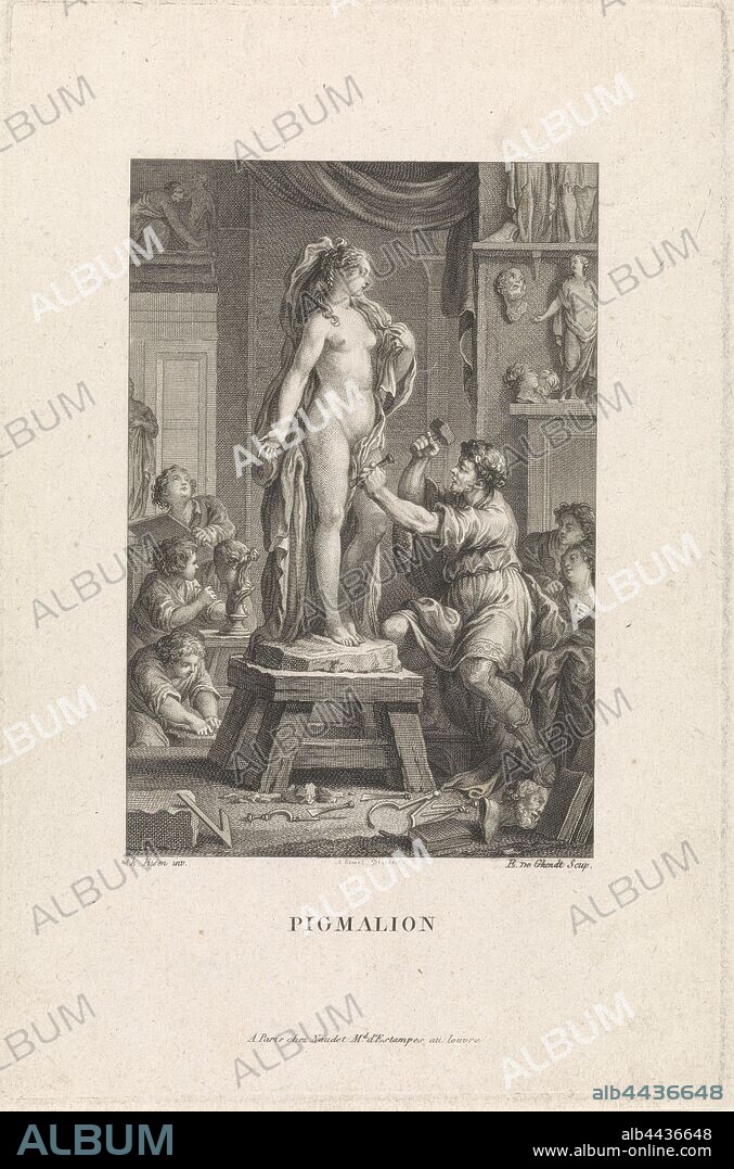 Pygmalion makes a statue of a woman The story of Pygmalion (series title) Pigmalion (series title on object), The king of Cyprus, Pygmalion, makes a statue of a naked woman in his workshop. His students assist him. The print is part of a series about the story of Pygmalion, Pygmalion falls in love with the statue he is carving, sculptor at work (in workshop or studio), sculptor at work (artist at work with assistants or pupils), Emmanuel Jean Nepomucene de Ghendt (mentioned on object), Paris, 1748 - 1815, paper, engraving, w 148 mm × h 223 mm.