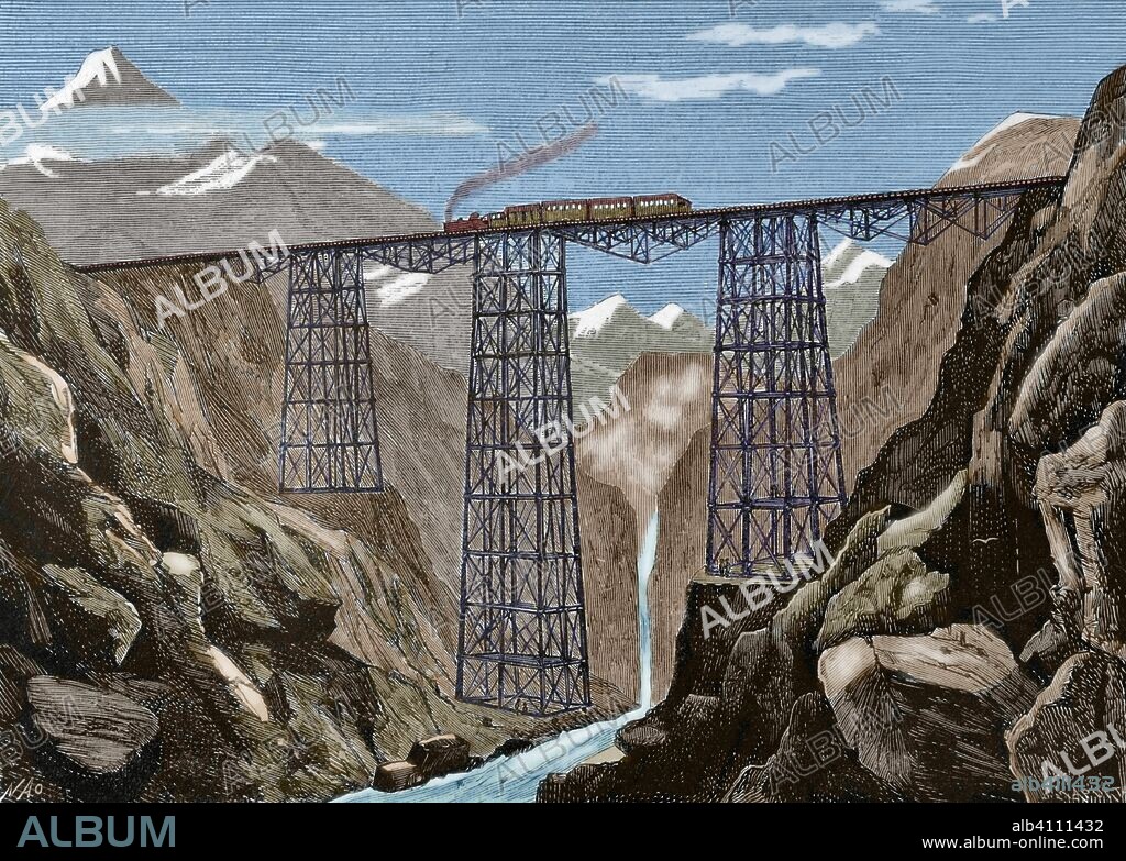 América del Sur. Era del Guano y de la construcción del ferrocarril. Perú. Ferrocarril Transandino circulando tierra adentro desde Callao y Lima cruzando la cuenca de los Andes en Galera, en ruta a La Oroya. Gran viaducto en el Camino del Hierro, de Lima a la Oroya. Dibujo por Manuel Nao (1843-1884). Grabado por Francisco Laporta (1850-1914). La Ilustración Española y Americana, 15 de julio de 1876. Coloreado.
