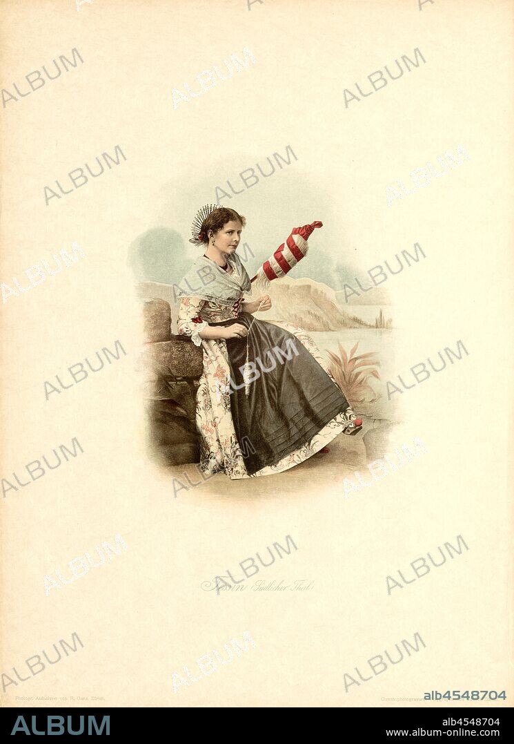 Ticino Southern valley, Costume from the canton of Ticino, signed: Photogr., Recording by R. Ganz; Chromophotogravure: Polygraphic Institute, Fig. 42, p. 64, Ganz, Rudolf (Fotografische Aufnahmen); Polygraphisches Institut (Chromofotogravur), Rudolf Ganz, Julie Heierli: Die Schweizer-Trachten vom XVII-XIX Jahrhundert nach Originalien. Zürich: Brunner & Hauser (Polygraphisches Institut), [1897-1898].
