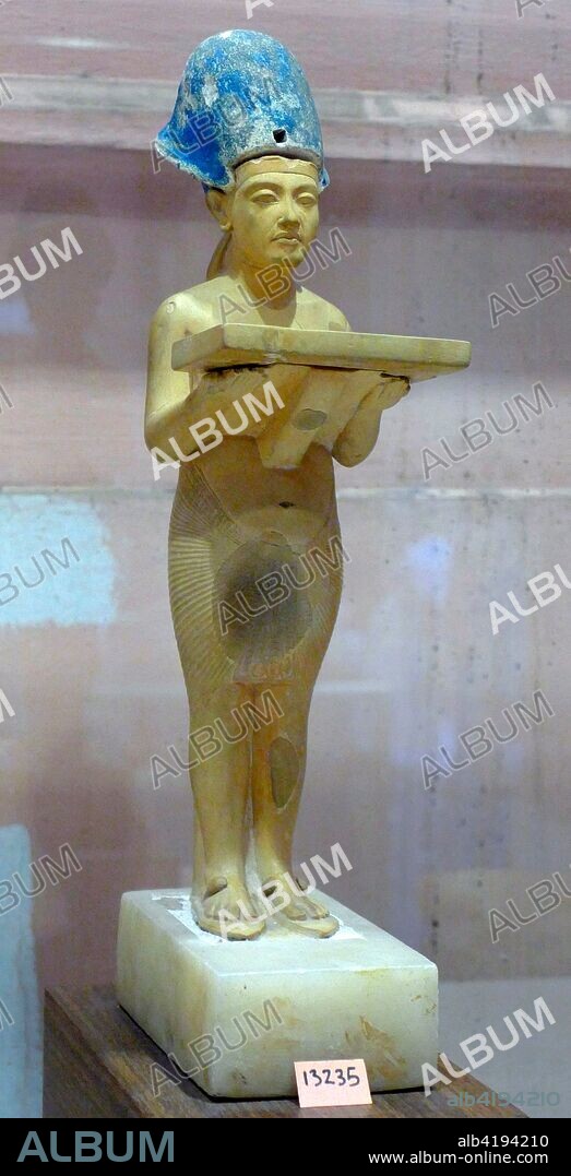 Gilded statuette of King Akhenaten of Egypt. found in Tel el Amarna. the capital of Akhenaten's Egypt. Akhenaten. known before the fifth year of his reign as Amenhotep IV. was an ancient Egyptian pharaoh of the 18th Dynasty who ruled for 17 years and died perhaps in 1336 BC or 1334 BC. He introduced the monotheistic belief in the Aten or Sun God.