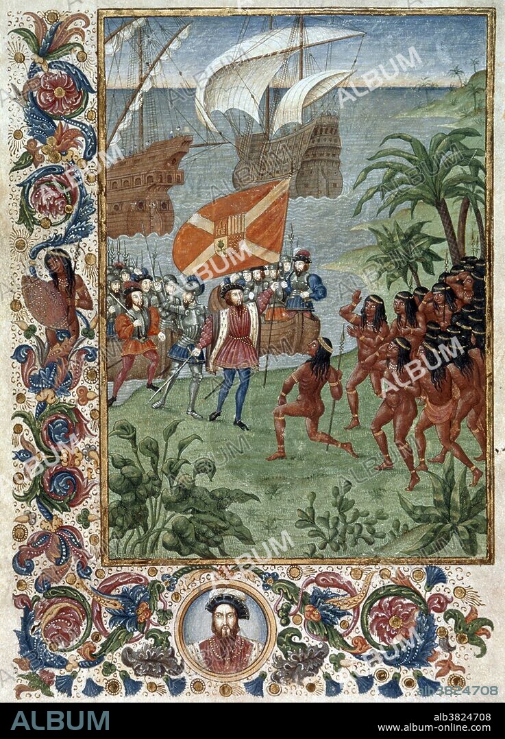 Caption: "Hernando Cortes landing in Mexico in 1519, met by natives; with foliate borders and a portrait of Cortes in a medallion." HernÃ¡n CortÃ©s de Monroy y Pizarro (1485 - December 2, 1547) was a Spanish Conquistador. Born at Medellin into minor nobility, and after studying at Salamanca he chose to look for his fortune in Hispaniola and later Cuba. In 1519, against the orders of the Governor, he led an expedition to the mainland that caused the fall of the Aztec Empire and brought large portions of mainland Mexico under the rule of the King of Castile. He used a native woman, DoÃ±a Marina, as an interpreter; she would later bear him a son. When the Governor of Cuba sent emissaries to arrest CortÃ©s, he fought them and won. He wrote letters directly to the king asking to be acknowledged for his successes instead he was punished for mutiny. After he overthrew the Aztec Empire, CortÃ©s was awarded the title of MarquÃ©s del Valle de Oaxaca. In 1541 he returned to Spain, where he died, in 1547, an embittered 61 year old man.