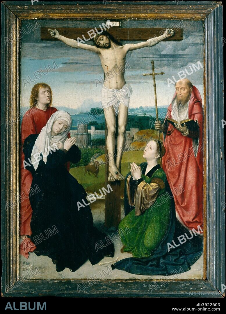 GERARD DAVID (PEINTRE FLAMAND). The Crucifixion. Artist: Gerard David (Netherlandish, Oudewater ca. 1455-1523 Bruges). Dimensions: Overall 21 x 15 in. (53.3 x 38.1 cm); painted surface 20 5/8 x 14 3/4 in. (52.5 x 37.5 cm). Date: ca. 1495.
In this poignant image, the Crucifixion is presented as an enactment of the written word due to the inclusion of Saint Jerome. The Church Father is shown as somewhat detached from the event at hand, apparently reading about it from his translation of the Bible. True to the account of the Gospels, David has provided an appropriate sense of time and space. The sky is darkened at the moment of Christ's death on Golgotha (literally, "the place of the skull"), and the holy city of Jerusalem with its prominent Church of the Dome of the Rock forms the backdrop.