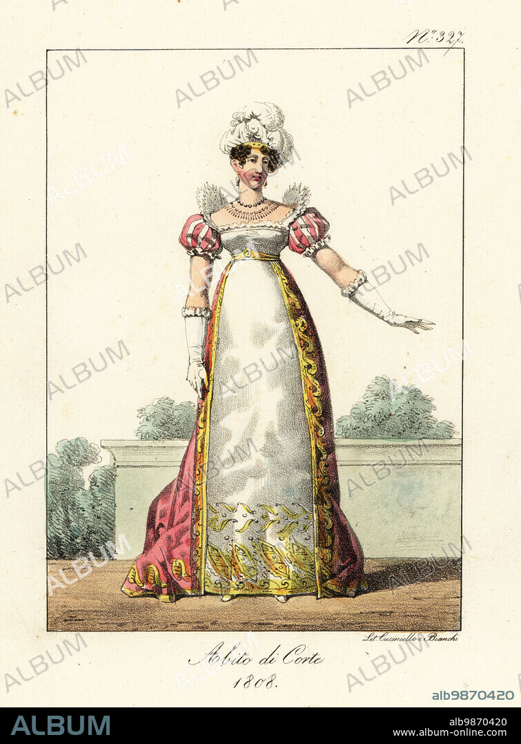 French woman in formal costume at the court of the Emperor Napoleon, 1808. With plumed headdress, puff-sleeved gown with embroidered insert. Costume de Cour.