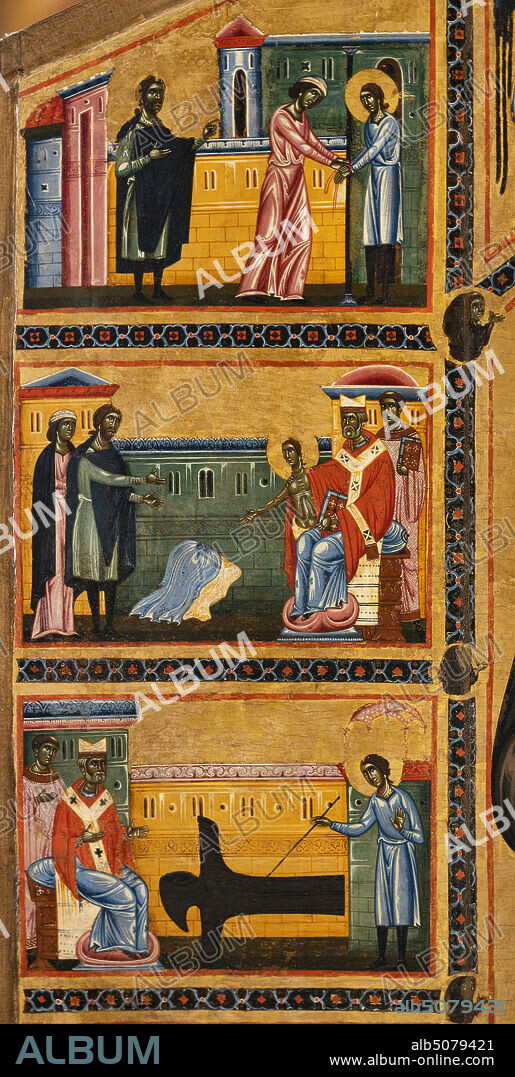 Basilica of the Holy Cross, the Bardi Chapel: "Bardi - St. Francis altarpiece and twenty stories of his life", by Coppo di Marcovaldo,1245-50.. Details from above:. - after being imprisoned by his father, St. Francis is freed from his mother. - St. Francis renounces earthly goods. - St. Francis designs the Franciscan habit before the bishop of Assisi.