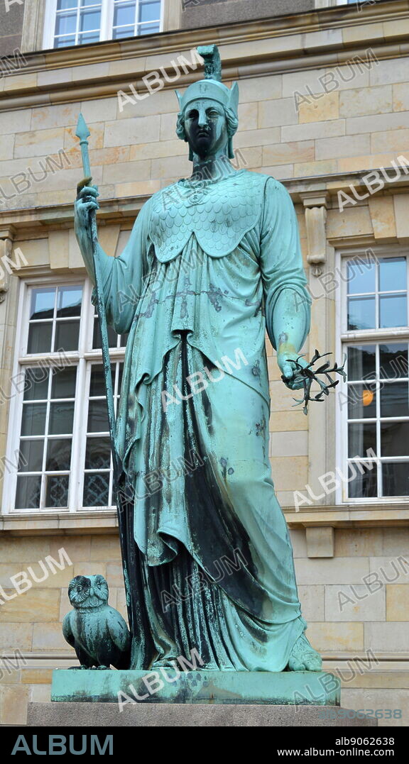 Denmark, Copenhagen: Statue of Minerva (Etruscan: Minerva) was the Roman goddess of wisdom and sponsor of arts, trade, and strategy. By H W Bissen 1849.