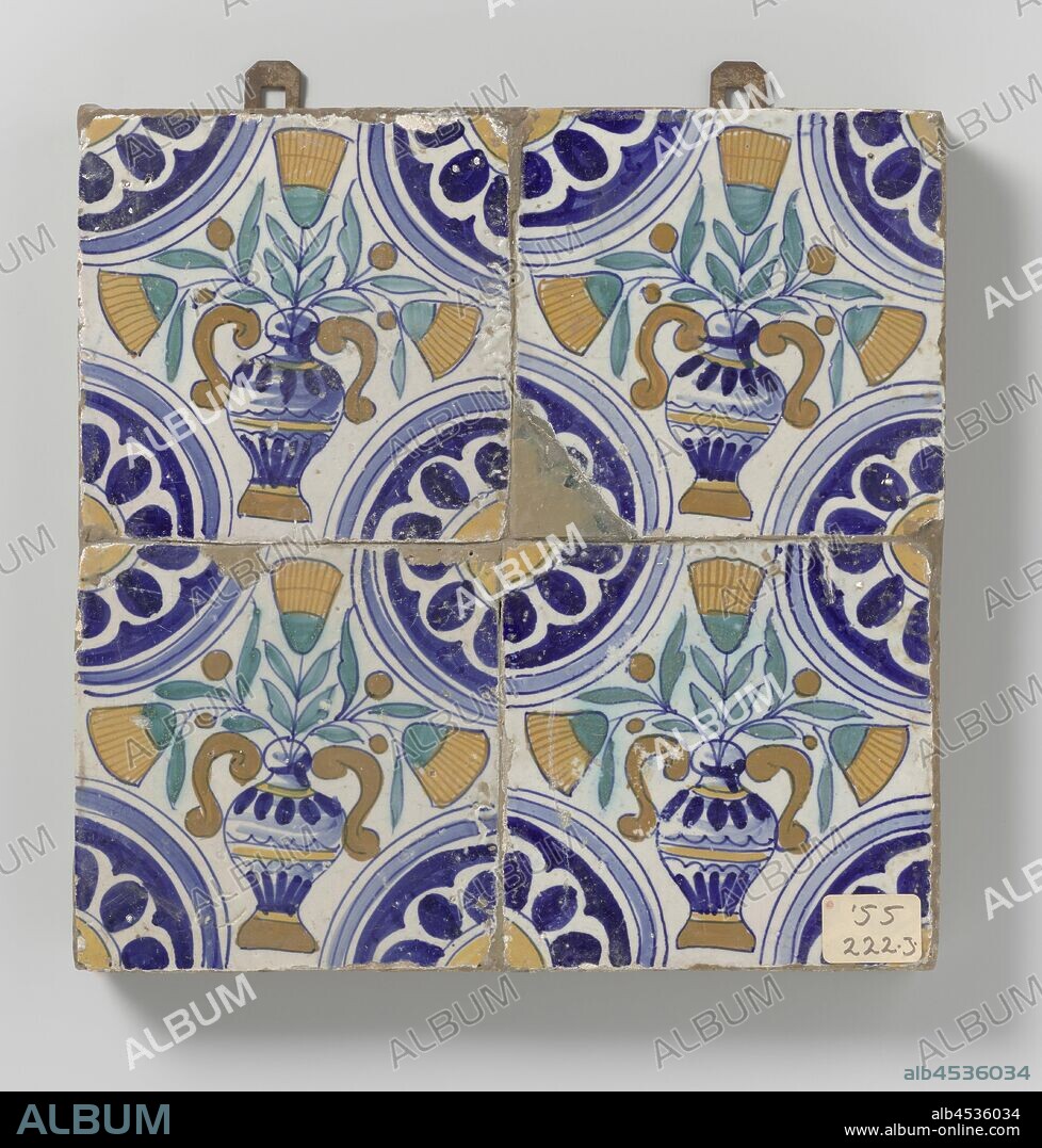Field of four tiles with flower pots, Field of four tiles (2 x 2) each with a multicolored (blue, orange, green and yellow) flower pot with marigolds. In the corners, a quarter rosette., anonymous, Netherlands, c. 1610 - c. 1625, earthenware, tin glaze, h 28 cm × w 28 cm × d 3 cm.