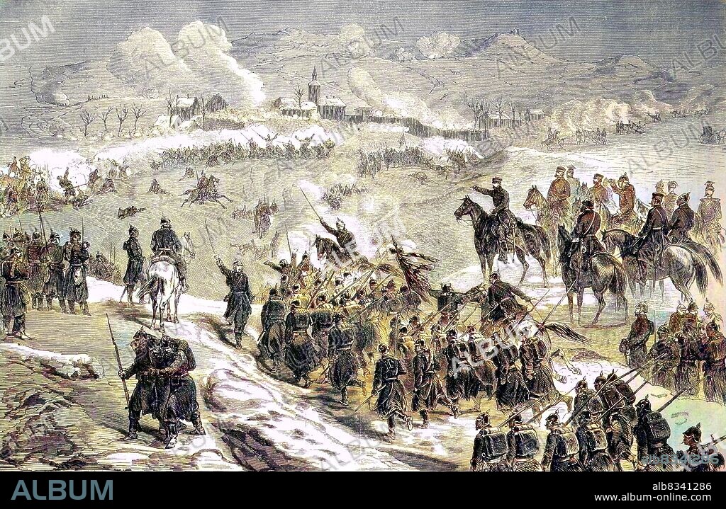 Battle of Champagne and Abre-l'Eveque borne Le Mans on January 11th, France , Franco-German War 1870/71 / Schlacht von Champagne und Abre-l'Eveque bei Le Mans am 11. Januar, Frankreich , Deutsch-Franzsischer Krieg 1870/71, historisch, C:CC5historical, digital improved reproduction of an original from the 19th century / digitale Reproduktion einer Originalvorlage aus dem 19. Jahrhundert, Originaldatum nicht bekannt.