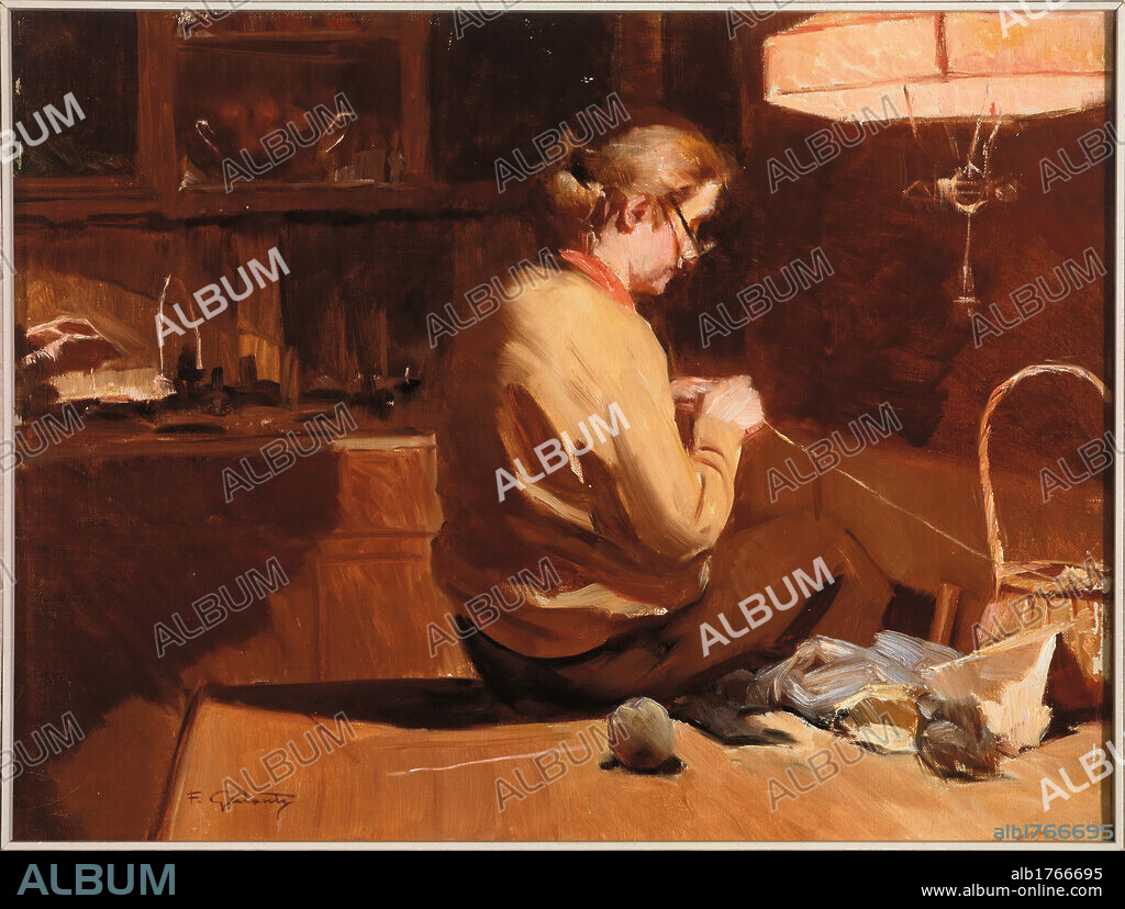 The Painters Wife, by Francesco Galante, 1925-1930 about, 20th Century, cm 40 x 54. Italy, Campania, Naples, Novecento Museum. All. Woman back chignon topknot glasses shoulders knitted work knitting needles furniture glass cupboard table skeins wool basket lamp chandelier light chiaroscuro light and shade.  Please remember that author's rights have to be cleared for modern and contemporary works of arts.