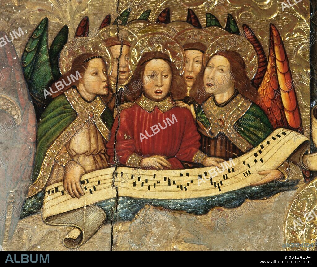 JAUME FERRER II. Hacia el año 1457. ANGELES CANTORES. Detalle perteneciente a la tabla de "LA ANUNCIACION". Pintura sobre tabla. Tamaño: 185 x 150 cm. Procede de la iglesia de Sang de Alcover (comarca del Alt Camp). Museo Diocesano de Tarragona. Cataluña.