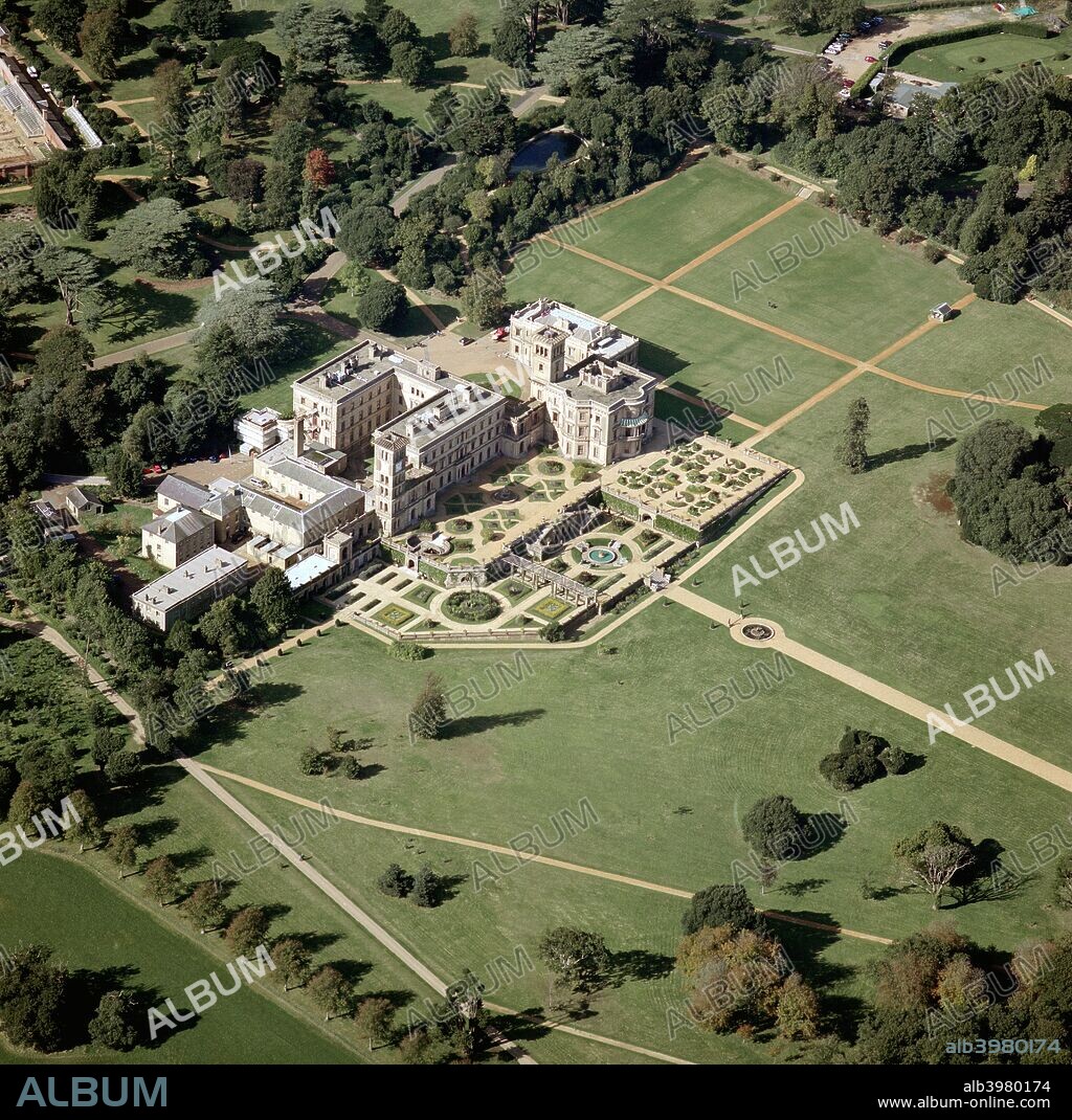 Osborne House and formal gardens, Isle of Wight, Hampshire, 1999. Osborne House was 'a place of one's own, quiet and retired' for Queen Victoria and Prince Albert. The royal couple bought Osborne as a relatively small house, and the present house developed in the Italianate style between 1845-51, designed by Prince Albert and Thomas Cubitt. The Dunbar Wing was added in 1890.