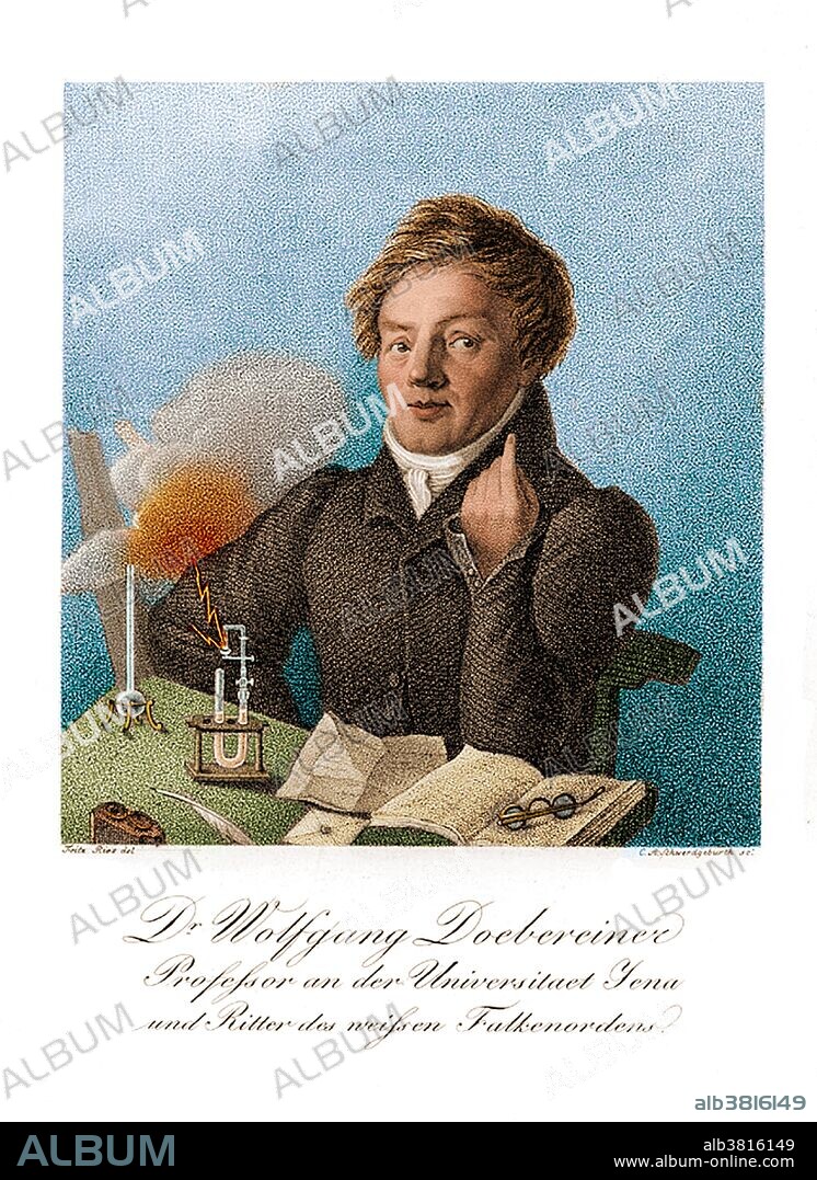 Johann Wolfgang Dobereiner (December 13, 1780 - March 24, 1849) was a German chemist. He had little formal schooling, was apprenticed to an apothecary, but attended science lectures and read whatever he could get his hands on. He eventually became a professor at the University of Jena in 1810. In 1829 he discovered trends in certain properties of selected groups of elements. The average atomic mass of lithium and potassium was close to the atomic mass of sodium. A similar pattern was found with calcium, strontium, and barium, with sulfur, selenium, and tellurium, and also with chlorine, bromine, and iodine. The densities for some of these triads followed a similar pattern. These sets of elements became known as "Dobereiner's Triads", one of the forerunners of Mendeleev's periodic table. He is also remembered for his work on the use of platinum as a catalyst, and for a lighter, known as Dobereiner's lamp in which zinc metal reacted with sulfuric acid to produce hydrogen gas. When the valve was opened, a jet of hydrogen was released and bursts into flame. The ignition was catalyzed by platinum metal. He died in 1849 at the age of 68.